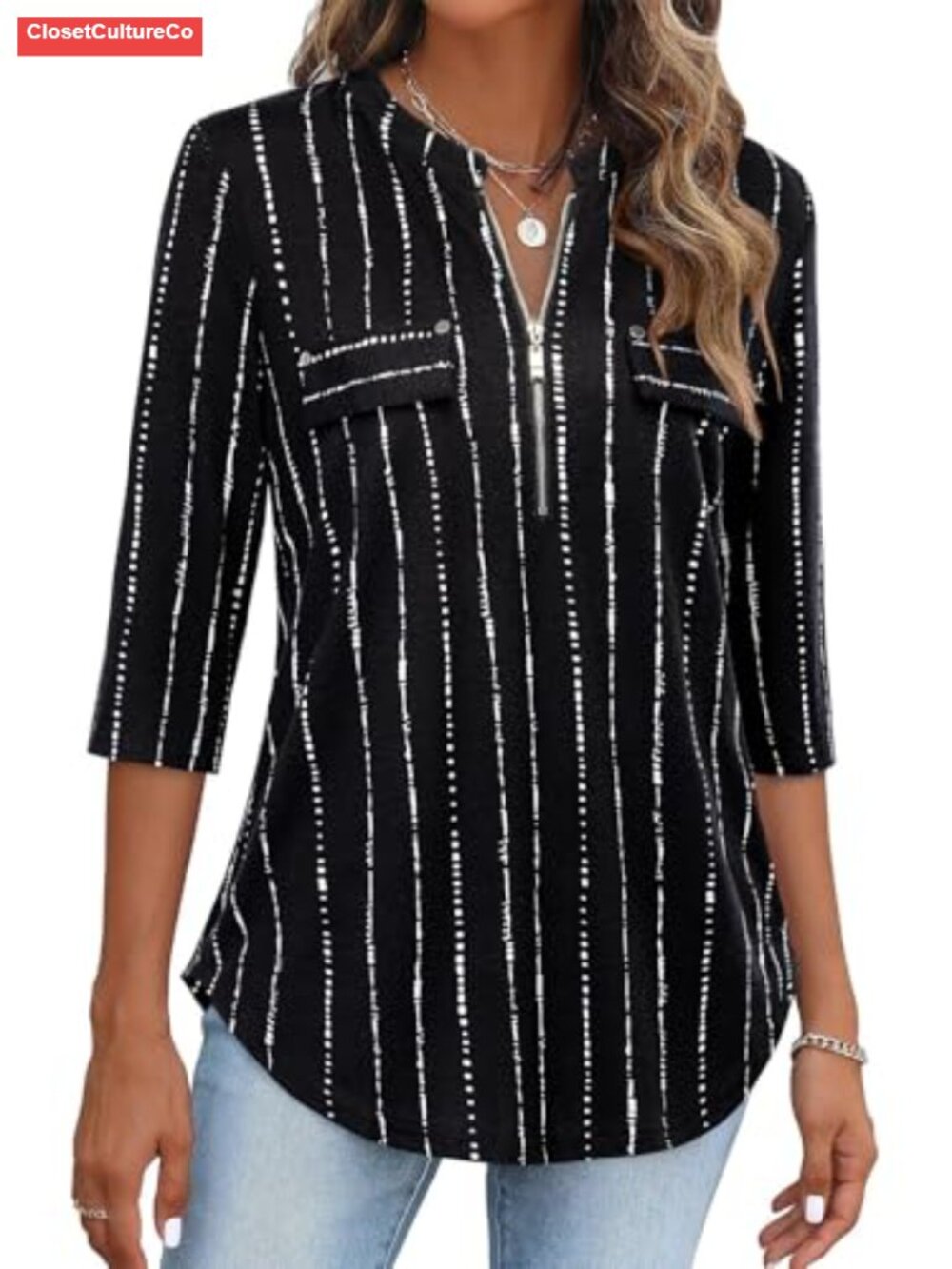 Womens 3/4 Sleeve V Neck Zip Blouse Plus Size Tunic Office Top
